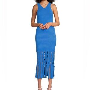 NWT Rails Kaia dress Sapphire Blue Halter Sheath Midi Dress M fringe cutout